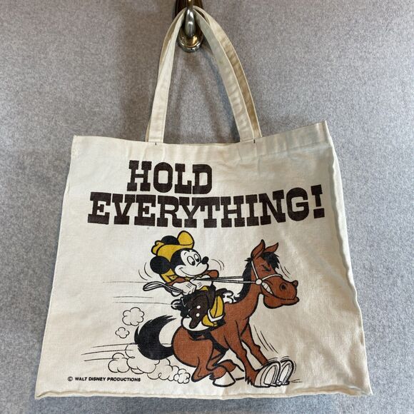 Disney Handbags - Vintage Disney Mickey Mouse Canvas Tote Bag "Hold Everything!" Cowboy Cream Rare